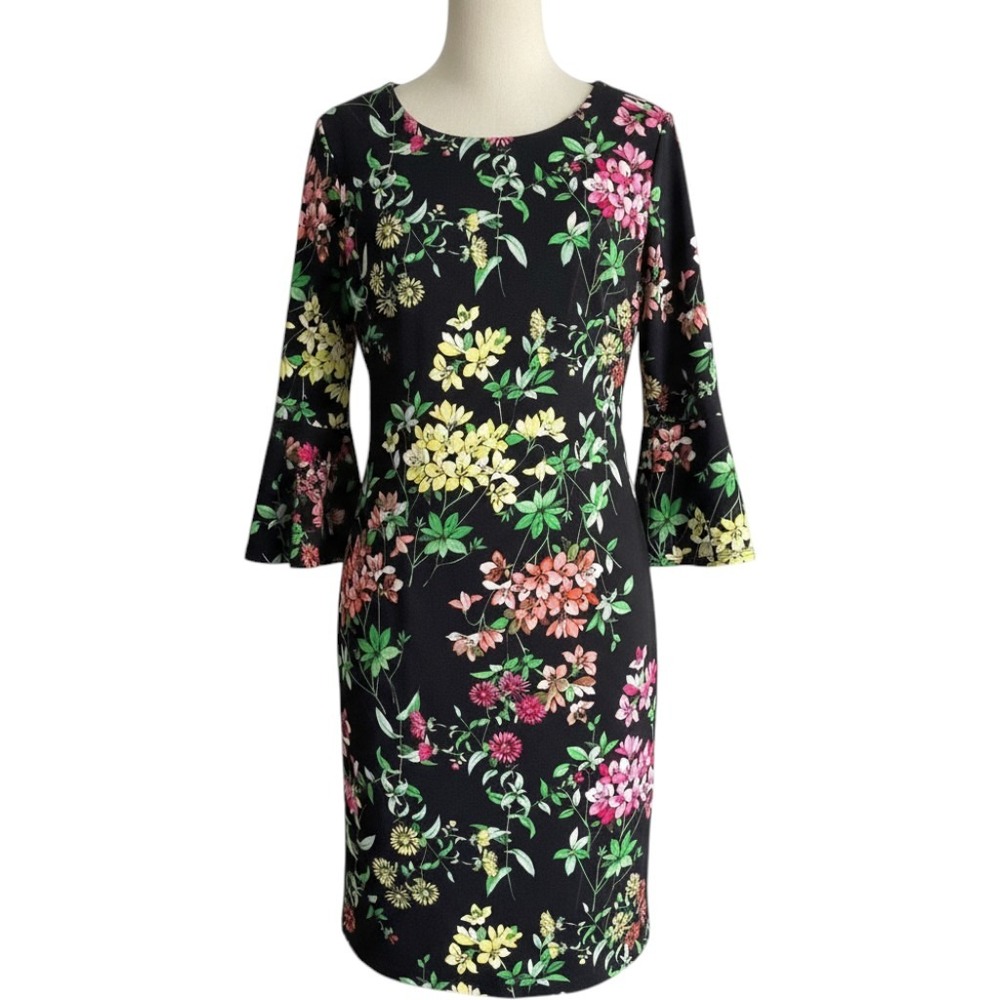 Tommy Hilfiger Floral Bell Sleeve Shift Dress Womens 10 Botanical Office Travel